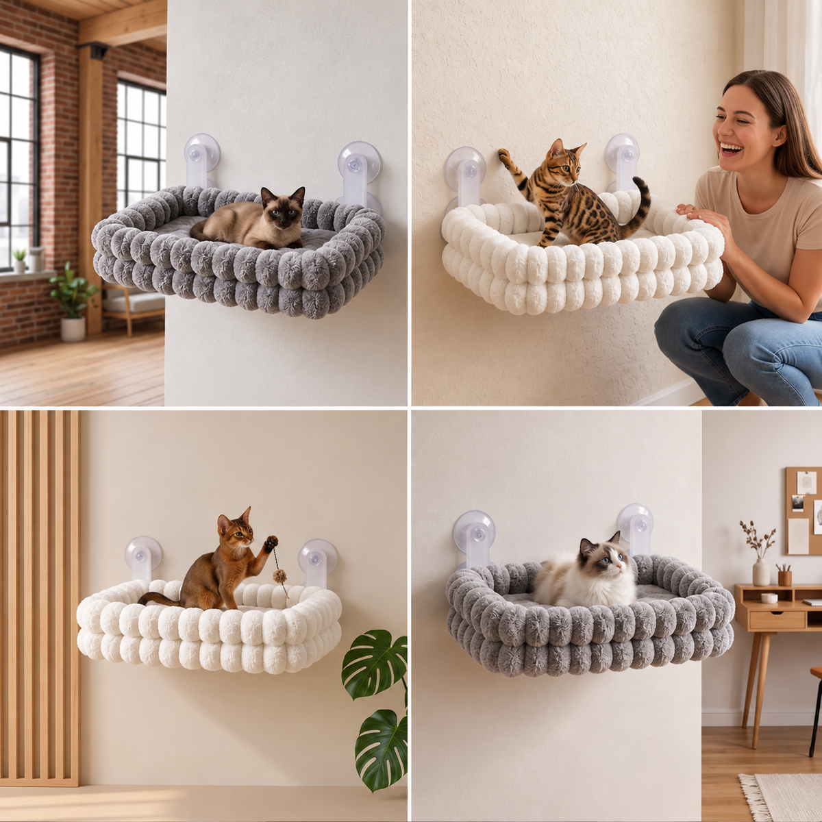 Fluffy Cordless Folding Cat Window Hammock with Strong Suction Cups & Washable Cover
