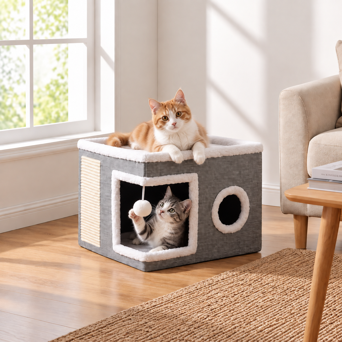 Modern Foldable Cat House with Double-Sided All-Season Cushion & Hanging Toys