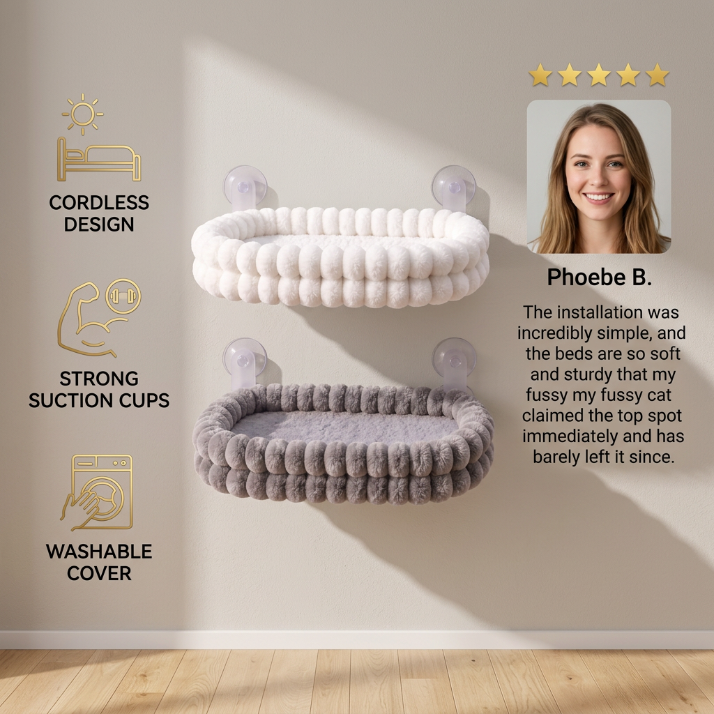 Fluffy Cordless Folding Cat Window Hammock with Strong Suction Cups & Washable Cover