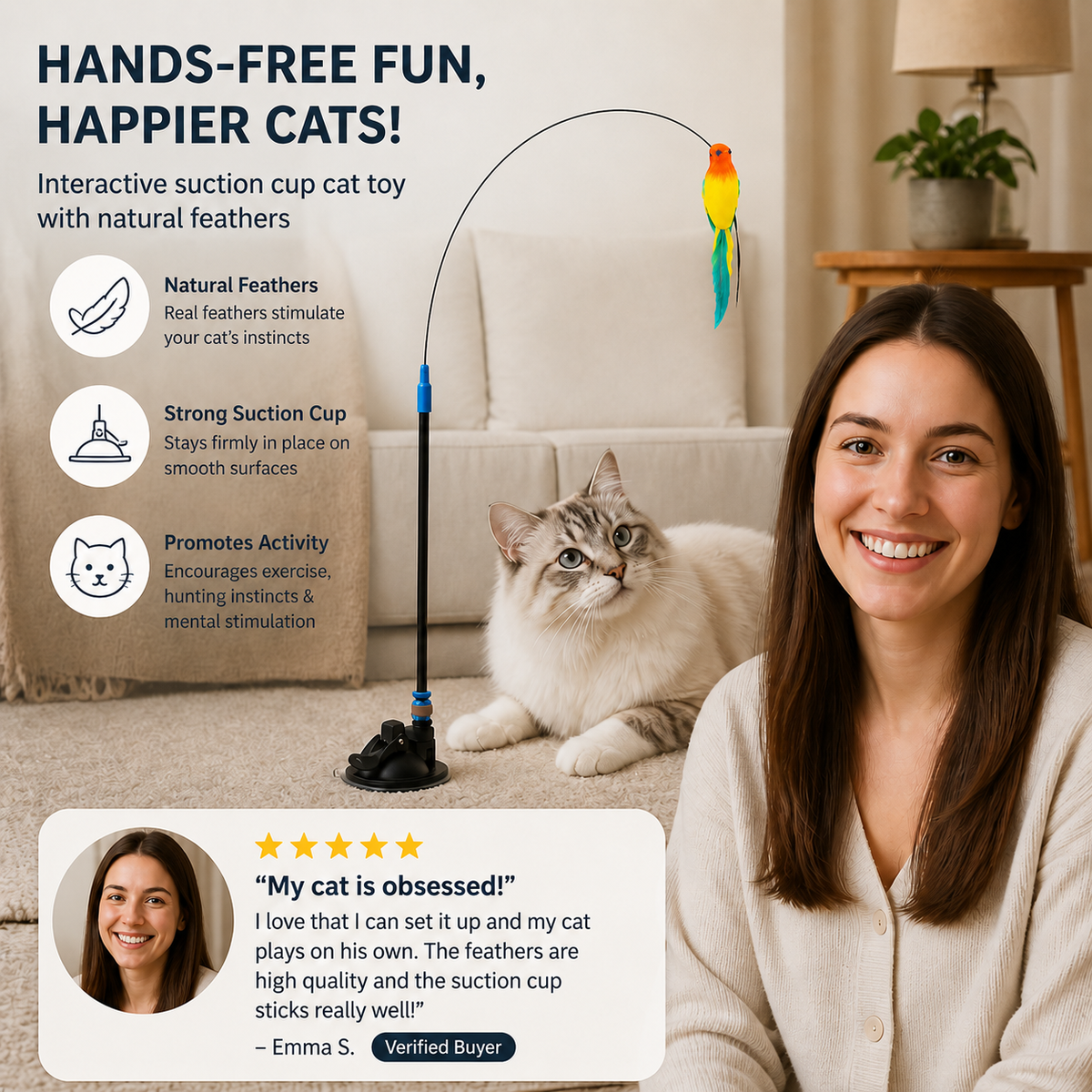 Hands-Free Interactive Cat Wand Toy with Natural Feathers & Suction Cup