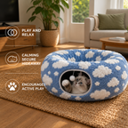 Fluffy 2-in-1 Pet Play Tunnel & Calming Bed with Cozy Blanket and Peekaboo Hole