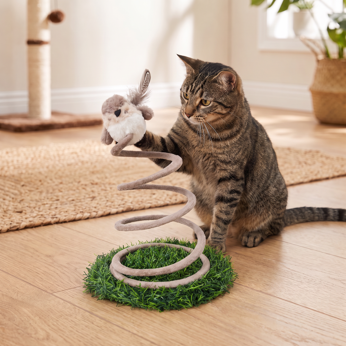 Interactive Spring Bird Cat Toy with Grass Base