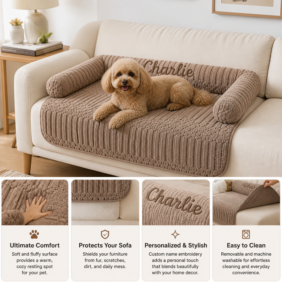 Personalized Fluffy Dog Sofa Bed & Protective Couch Cover