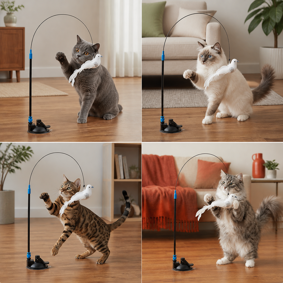Hands-Free Interactive Cat Wand Toy with Natural Feathers & Suction Cup