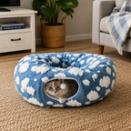Fluffy 2-in-1 Pet Play Tunnel & Calming Bed with Cozy Blanket and Peekaboo Hole
