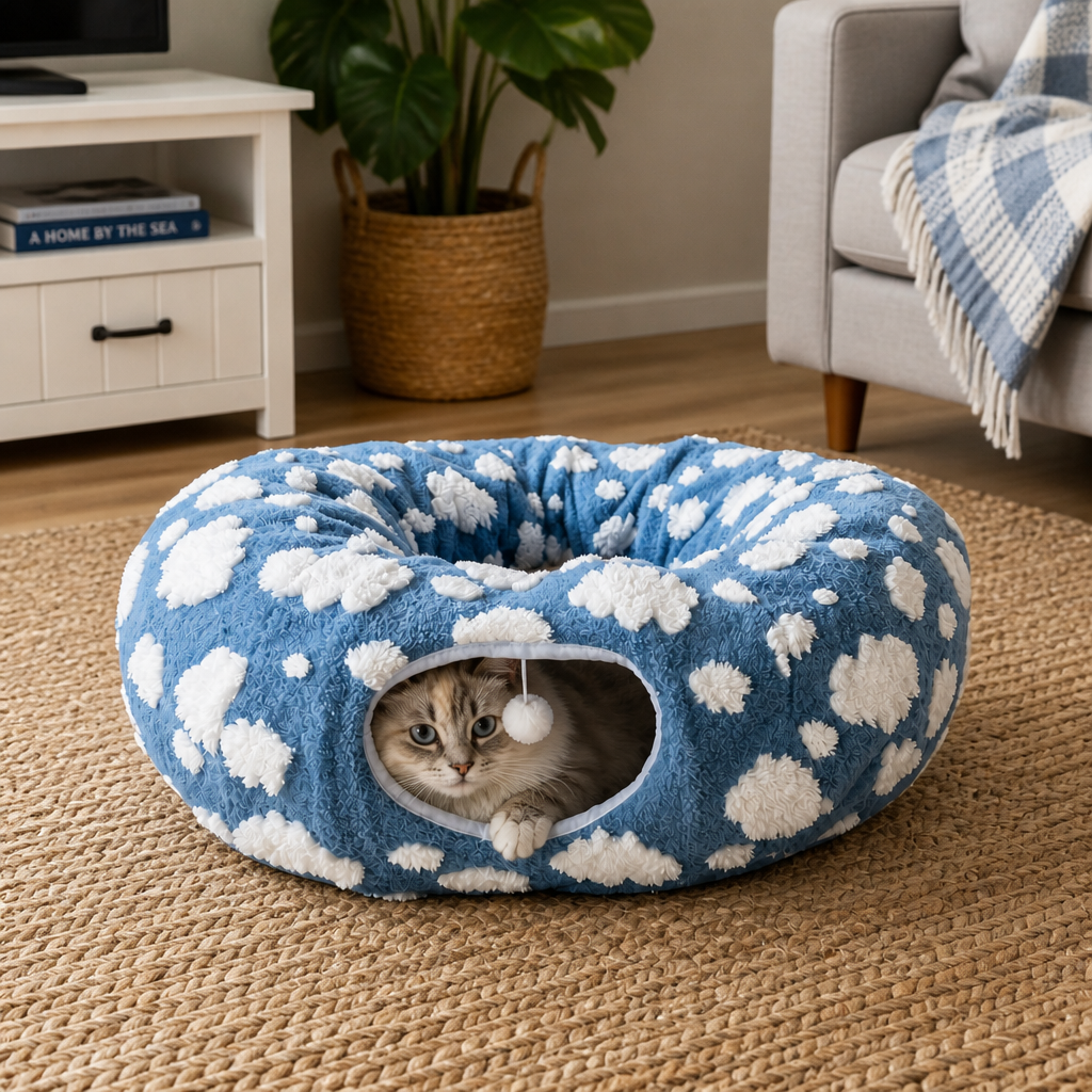 Fluffy 2-in-1 Pet Play Tunnel & Calming Bed with Cozy Blanket and Peekaboo Hole