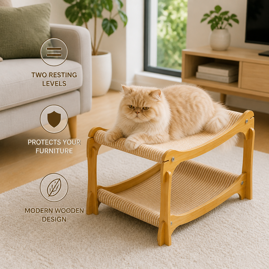 Wooden Double-Decker Cat Play & Lounge Bed with Sisal Scratching Ramp and Hanging Toys