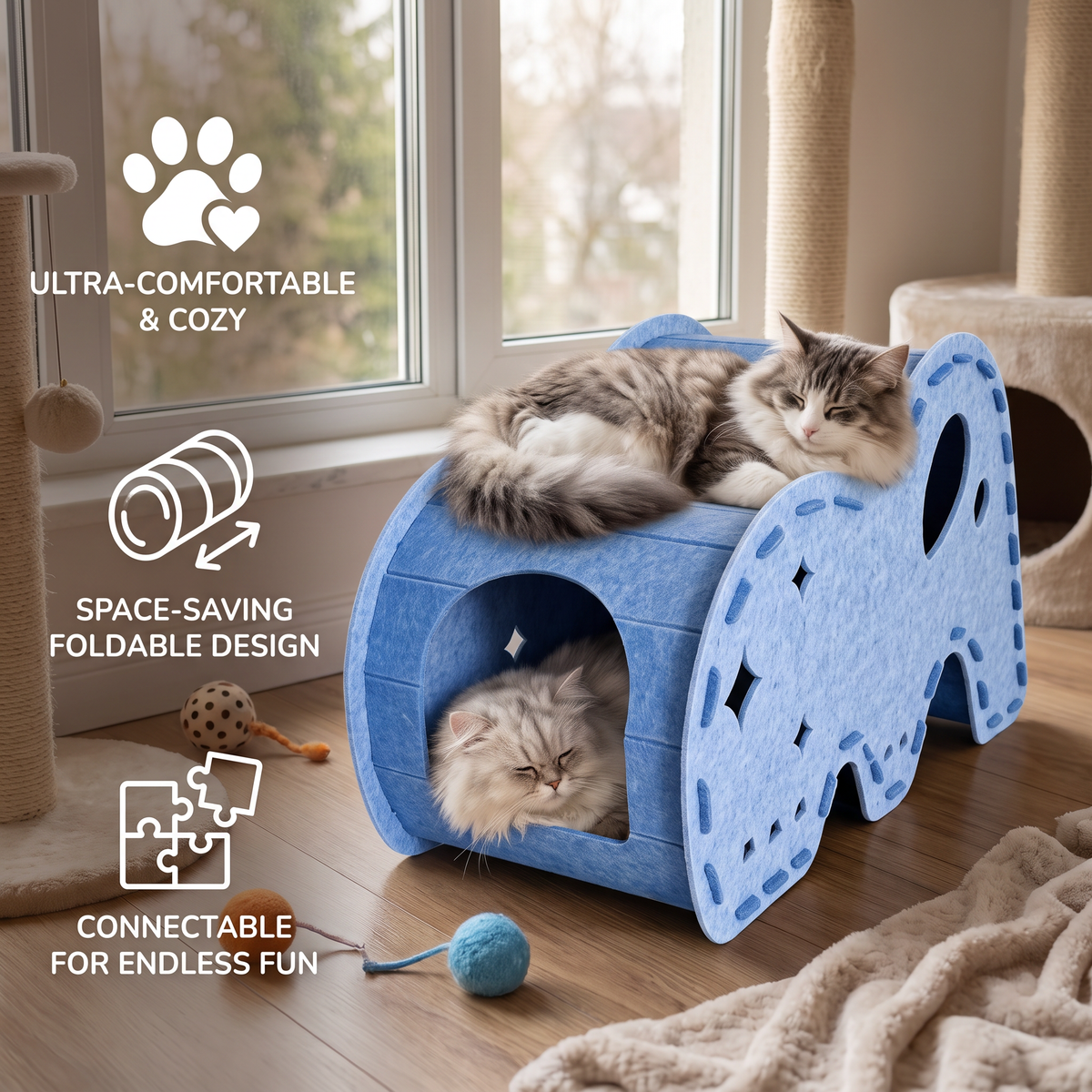 Elephant-Shaped Felt Cat Play Tunnel & Cozy Bed – Foldable and Connectable Design