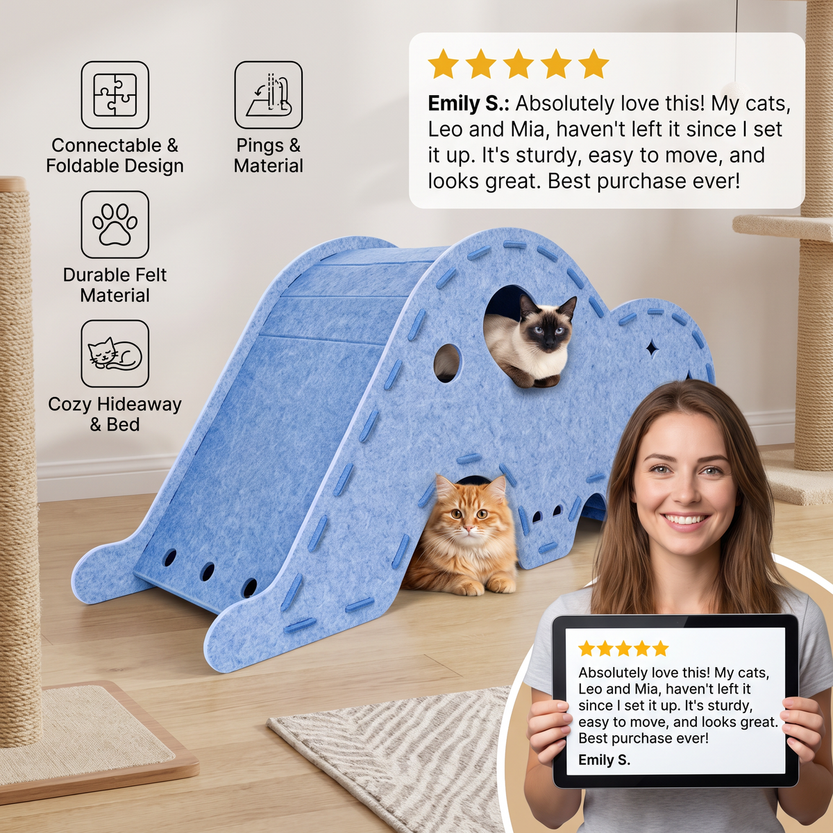 Elephant-Shaped Felt Cat Play Tunnel & Cozy Bed – Foldable and Connectable Design
