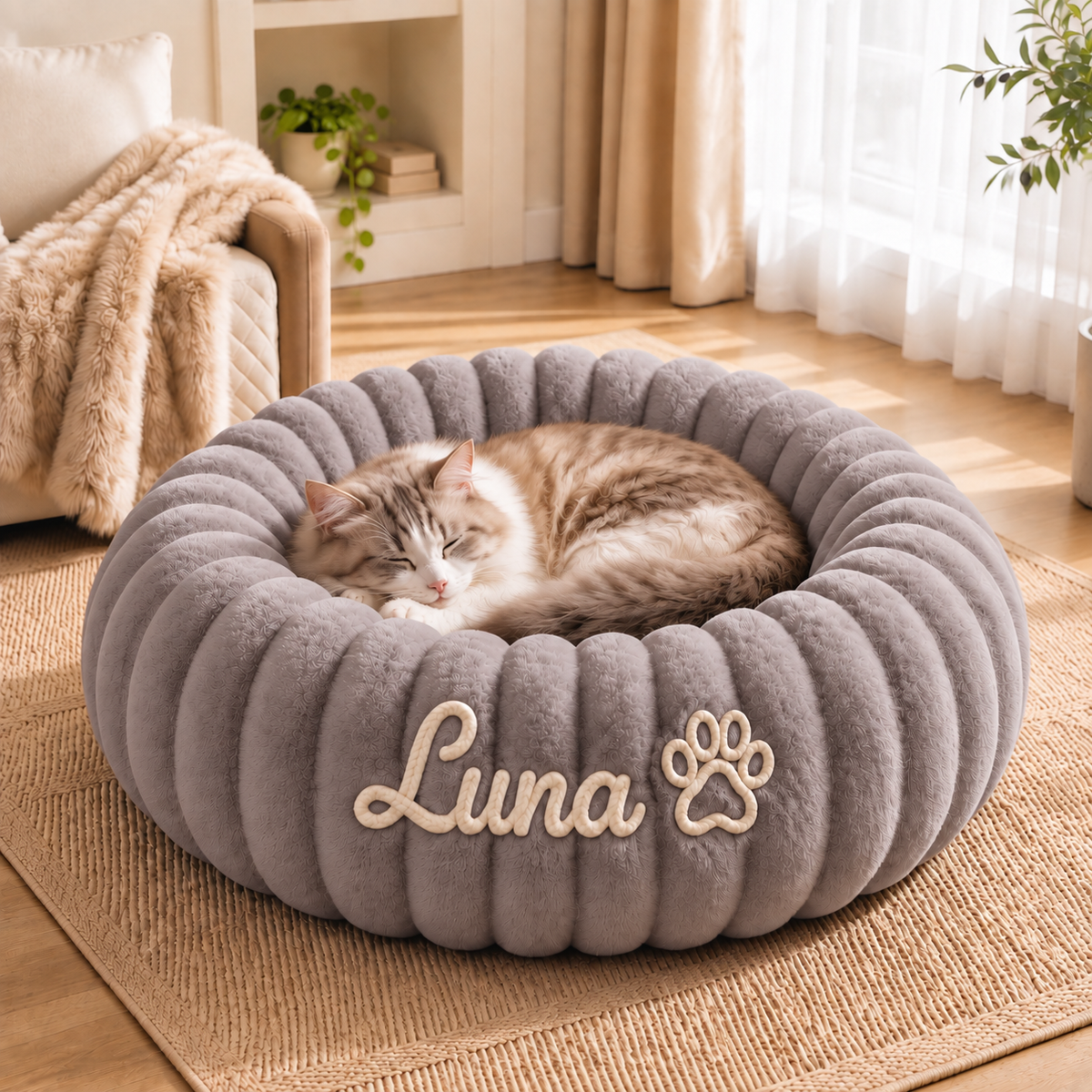 Personalized Round Fluffy CAT Bed