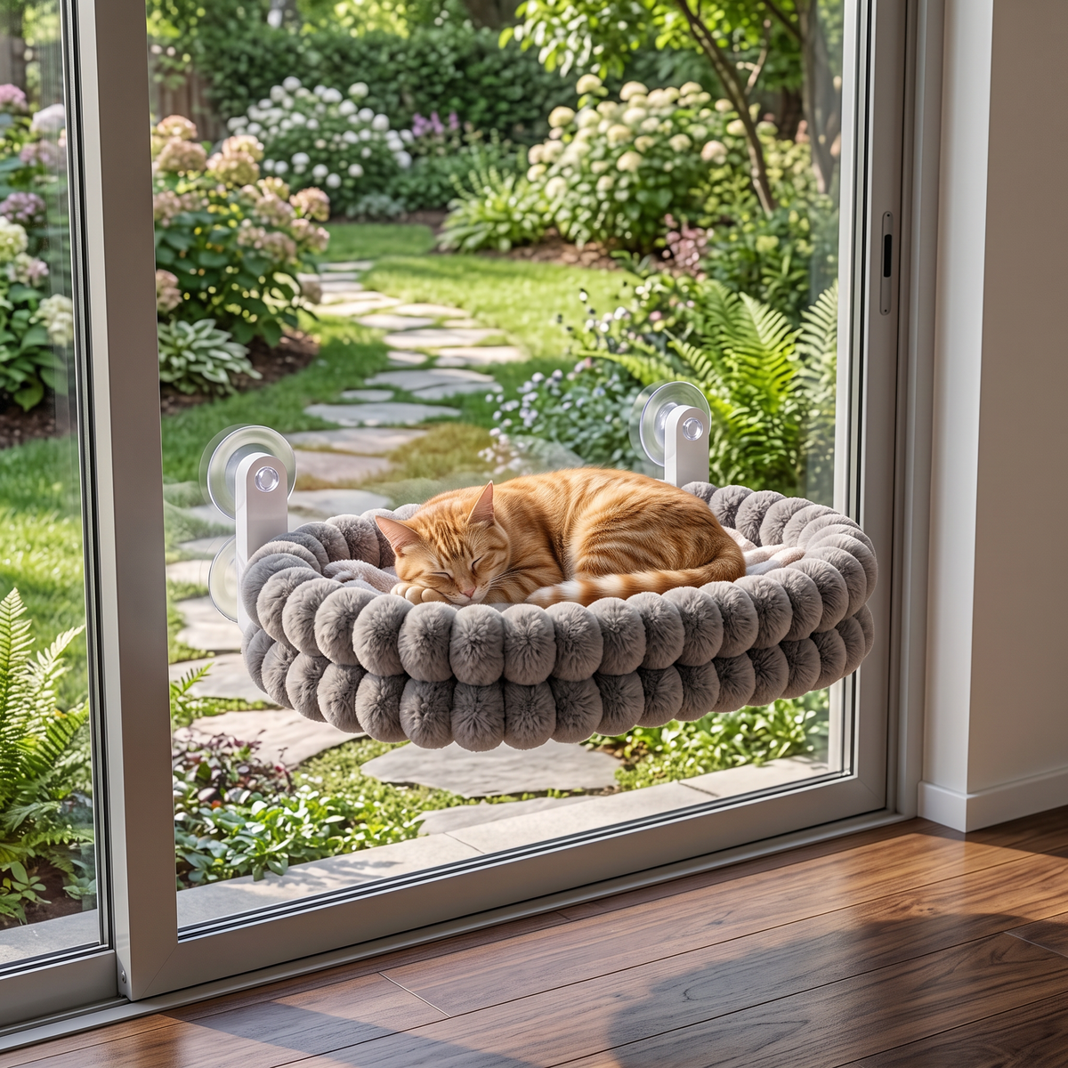 Fluffy Cordless Folding Cat Window Hammock with Strong Suction Cups & Washable Cover