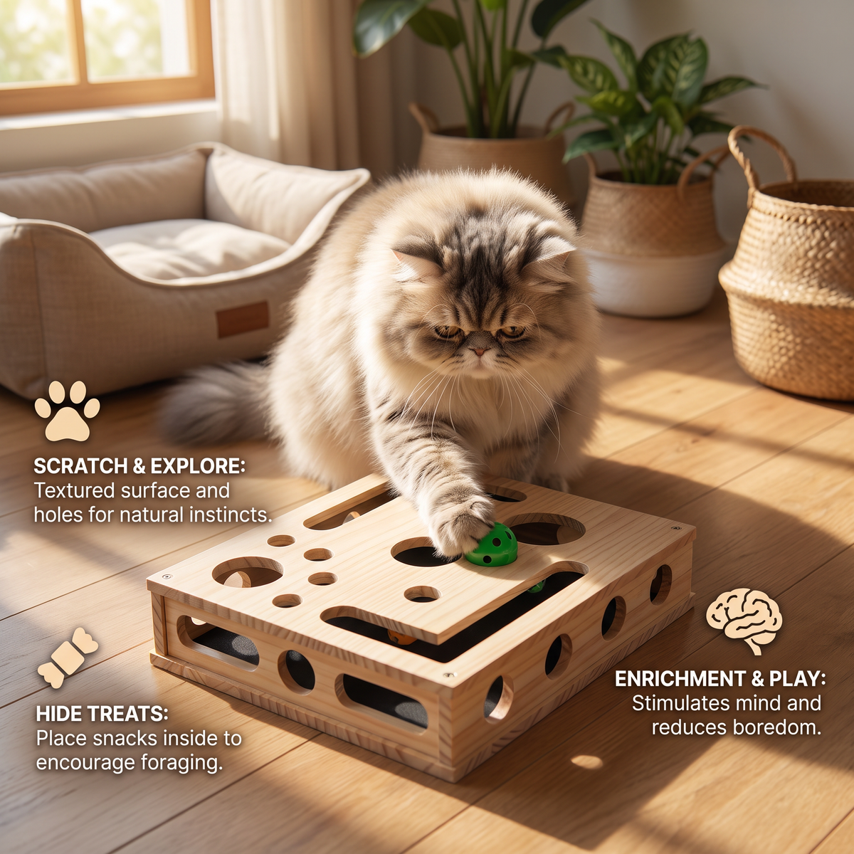 Interactive Wooden Cat Puzzle Box – Scratch, Hide & Treat Enrichment Toy