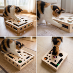Interactive Wooden Cat Puzzle Box – Scratch, Hide & Treat Enrichment Toy