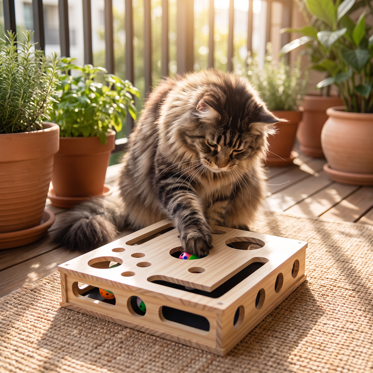 Interactive Wooden Cat Puzzle Box – Scratch, Hide & Treat Enrichment Toy