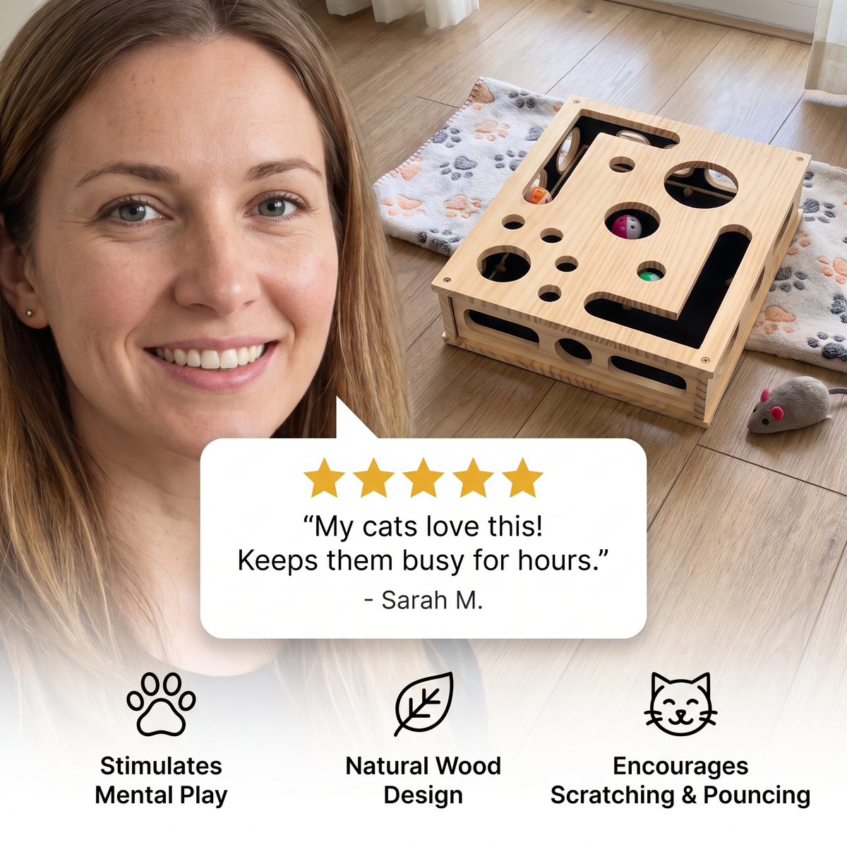 Interactive Wooden Cat Puzzle Box – Scratch, Hide & Treat Enrichment Toy